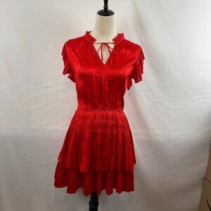 Reset Dress M Red Ruffle Details Tie Pleated Tiered Skirt Gathered Waist